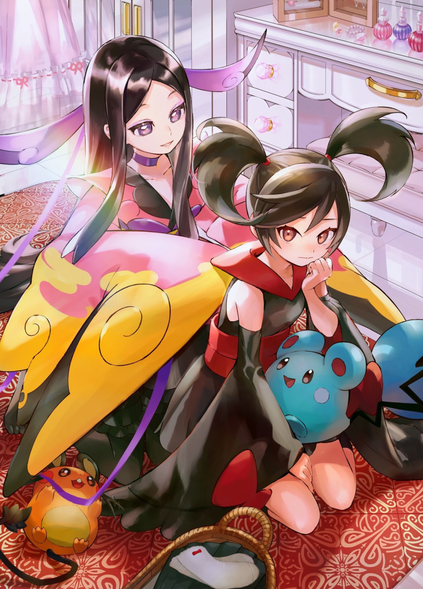 2girls azurill basket black_hair brown_eyes choker closed_mouth commentary_request curtains dedenne detached_sleeves eyelashes furisode furisode_girl_(pokemon) furisode_girl_kali hand_up highres indoors japanese_clothes kimono long_hair long_sleeves multiple_girls orange_mikan parted_bangs parted_lips pokemon pokemon_(creature) pokemon_(game) pokemon_xy purple_choker rug sidelocks sitting twintails valerie_(pokemon) wide_sleeves