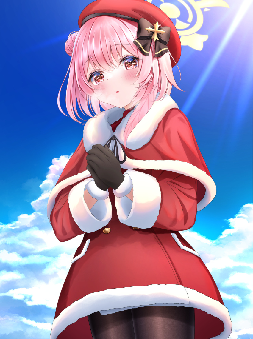1girl alternate_costume beret blue_archive blush christmas commentary_request gloves halo hat heavy_breathing highres lens_flare looking_at_viewer open_mouth pantyhose pink_eyes pink_hair ribbon santa_costume serina_(blue_archive) solo sweat wabi_chazuke