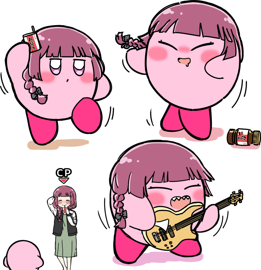 1girl 1other absurdres alcohol_carton black_jacket blush bocchi_the_rock! closed_eyes crossover dress drooling drunk guitar highres hiroi_kikuri instrument jacket jitome kirby kirby_(series) long_hair motion_lines mouth_drool multiple_views music nose_blush open_mouth playing_instrument purple_hair sharp_teeth smile teeth torako_(toramaru) white_background