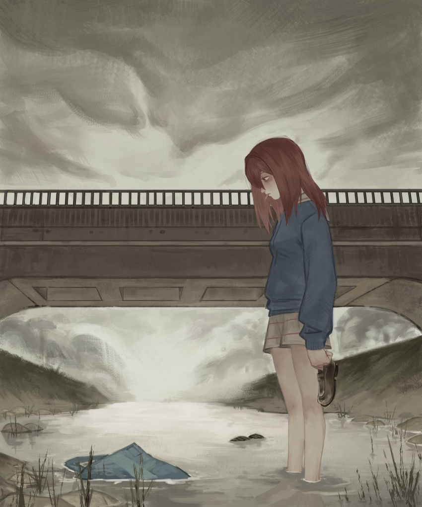 1girl absurdres bag bridge brown_footwear clouds cloudy_sky flcl grey_sky highres looking_down monlopolo redhead river rock sad samejima_mamimi scene_reference school_uniform shoes shoes_removed skirt sky solo water wet