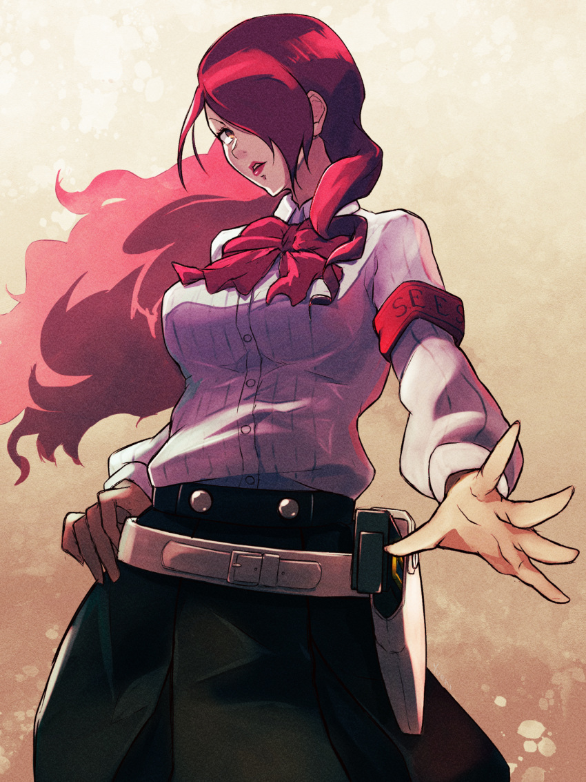 1girl armband belt bow bowtie breasts collared_shirt commentary_request cowboy_shot gekkoukan_high_school_uniform gun hair_over_one_eye hand_on_own_hip handgun highres holster holstered kirijou_mitsuru lipstick long_hair looking_at_viewer makeup persona persona_3 red_armband red_bow red_bowtie redhead school_uniform shirt solo weapon yuenibushi