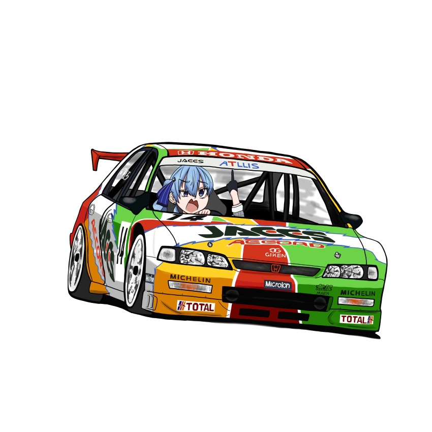 absurdres atlus black_gloves blue_eyes blue_hair car driving gloves grey_shirt hair_behind_ear highres hololive honda_accord hoshimachi_suisei hoshimachi_suisei_(1st_costume) japanese_touring_car_championship michelin middle_finger motor_vehicle open_mouth plaid plaid_shirt race_vehicle racecar shirt side_ponytail simple_background spoiler_(automobile) vehicle_focus virtual_youtuber white_background wine_(kinakomochi_rip)