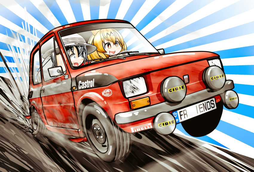 2girls :d animal_ears black_hair blonde_hair car castrol commentary_request english_text fiat fiat_126 hat highres kaban_(kemono_friends) kaito_(stop404man) kemono_friends license_plate motor_vehicle multiple_girls open_mouth red_car scared serval_(kemono_friends) short_hair smile sweat vehicle_focus white_headwear