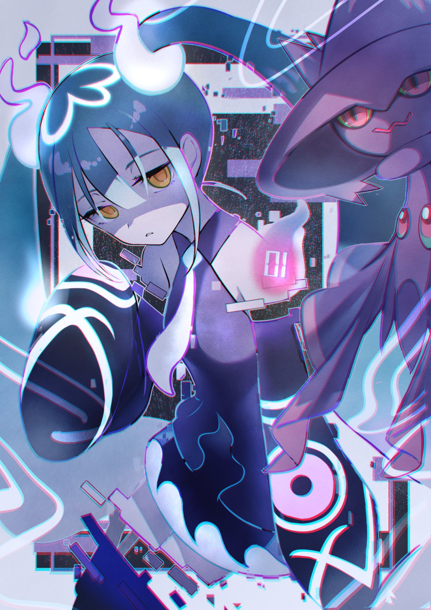 1girl aqua_hair commentary ghost ghost_miku_(project_voltage) glitch grey_shirt hair_between_eyes hatsune_miku highres long_hair looking_at_viewer mismagius murumuru_(pixiv51689952) necktie pale_skin pokemon pokemon_(creature) project_voltage shirt skirt sleeves_past_fingers sleeves_past_wrists twintails very_long_hair vocaloid will-o'-the-wisp_(mythology) yellow_eyes