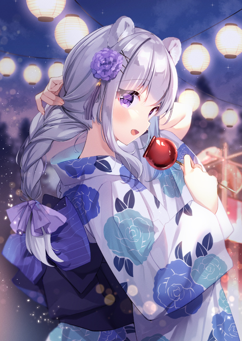 1girl :d animal_ear_fluff animal_ears arm_behind_head blue_bow blurry blurry_background bow braid candy_apple clouds commentary_request depth_of_field floral_print flower food hair_flower hair_ornament hairclip hands_up highres holding holding_food irori japanese_clothes kimono lantern long_hair long_sleeves looking_at_viewer looking_to_the_side night night_sky obi original outdoors paper_lantern print_kimono purple_flower sash single_braid sky smile solo striped striped_bow violet_eyes white_kimono wide_sleeves x_hair_ornament yukata