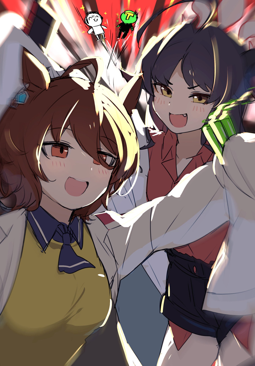 2boys 2girls agnes_tachyon_(umamusume) ahoge animal_ears arona's_sensei_doodle_(blue_archive) black_hair black_shirt black_shorts blue_archive blue_eyes breasts collared_shirt controller crossover fang halo highres holding holding_remote_control holding_test_tube horse_ears kasumi_(blue_archive) lab_coat long_hair looking_at_viewer motion_blur multiple_boys multiple_girls necktie open_mouth orange_eyes ra_mun5239 red_shirt remote_control sensei_(blue_archive) shirt shirt_tucked_in short_hair short_necktie short_shorts shorts sleeves_past_fingers sleeves_past_wrists small_breasts smile sparkle sweater t-head_trainer test_tube trainer_(umamusume) umamusume yellow_eyes yellow_sweater
