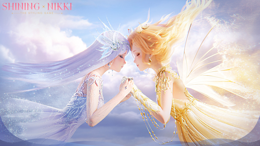 2girls 3d blonde_hair blush closed_eyes clouds copyright_name day dress earrings english_commentary fairy_wings flying gloves highres holding_hands jewelry lips long_hair makeup multiple_girls necklace official_art ring shining_nikki tiara white_dress white_gloves white_hair wind wings yellow_dress