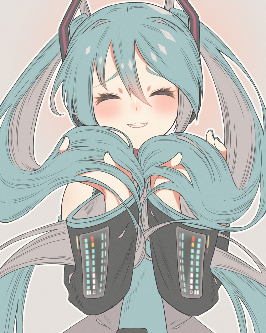 1girl :3 ^_^ bare_shoulders black_sleeves blush closed_eyes commentary_request detached_sleeves double-parted_bangs eyelashes facing_viewer furrowed_brow green_hair green_nails green_necktie grey_shirt grin hair_between_eyes hands_up happy hatsune_miku highres holding holding_hair long_hair long_sleeves nail_polish necktie pink_background shirt simple_background sleeveless sleeveless_shirt smile solo taku_hanamiyap twintails upper_body very_long_hair vocaloid wide_sleeves