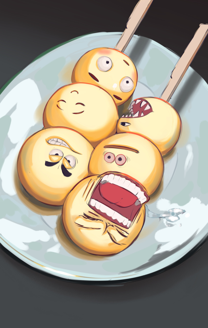absurdres blush closed_mouth cursed_emoji emoji food food_focus highres meme no_humans open_mouth original plate potatomochii sharp_teeth smile teeth