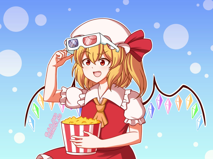 1girl 3d_glasses ascot blonde_hair blue_background commentary crystal dotted_background english_commentary fang flandre_scarlet food gradient_background hat hat_ribbon highres holding holding_food lalo_owo looking_at_viewer mob_cap open_mouth popcorn raised_eyebrow red_eyes red_ribbon ribbon short_sleeves solo touhou twitter_username white_headwear wings yellow_ascot