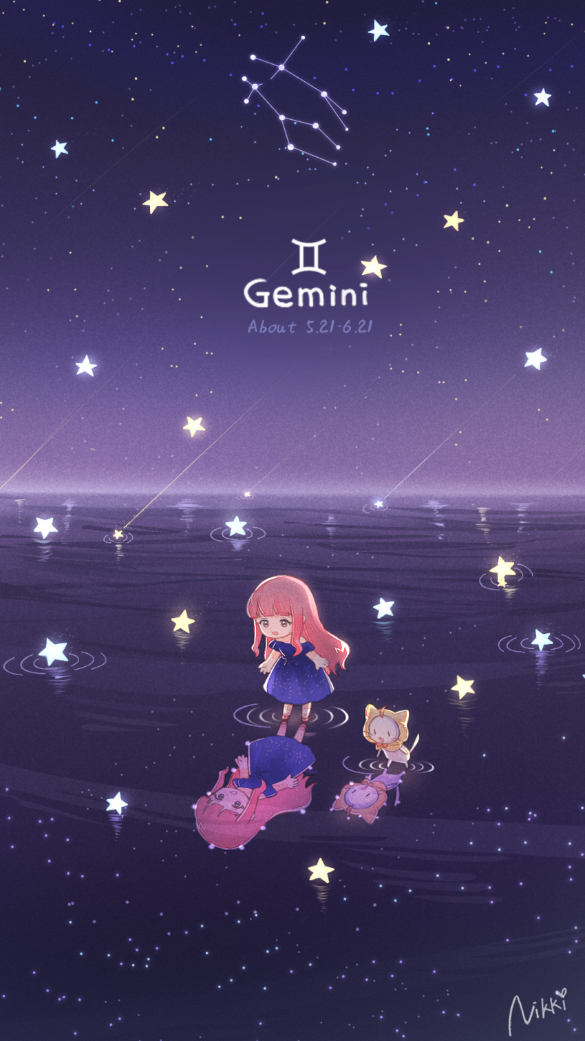 1girl brown_eyes cat character_name constellation copyright_name dated dated_commentary dress english_commentary gemini_(constellation) gemini_(zodiac) highres momo_(miracle_nikki) night night_sky nikki_(miracle_nikki) official_art open_mouth pink_hair purple_dress reflection reflective_water shining_nikki shooting_star sky standing standing_on_liquid star_(sky) starry_sky white_cat yellow_cloak
