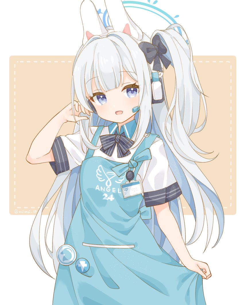 1girl absurdres angel's_24_uniform_(blue_archive) animal_ear_headphones animal_ears apron badge black_bow black_bowtie blue_apron blue_archive blue_eyes blue_hair blue_halo blunt_bangs bow bowtie brown_background button_badge collared_shirt colored_inner_hair commentary fake_animal_ears hair_bow halo hand_up headphones highres holding holding_clothes id_card light_blue_hair looking_at_viewer miyako_(blue_archive) multicolored_hair one_side_up open_mouth rabbit_ears saekiya_sabou shirt short_sleeves simple_background smile striped striped_bow striped_bowtie two-tone_background upper_body white_background white_shirt