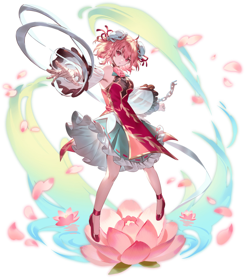 1girl absurdres bandaged_arm bandages bare_shoulders bun_cover chain detached_sleeves full_body hair_between_eyes highres ibaraki_kasen pink_eyes pink_hair second-party_source short_hair solo touhou transparent_background u_u_zan white_sleeves wide_sleeves
