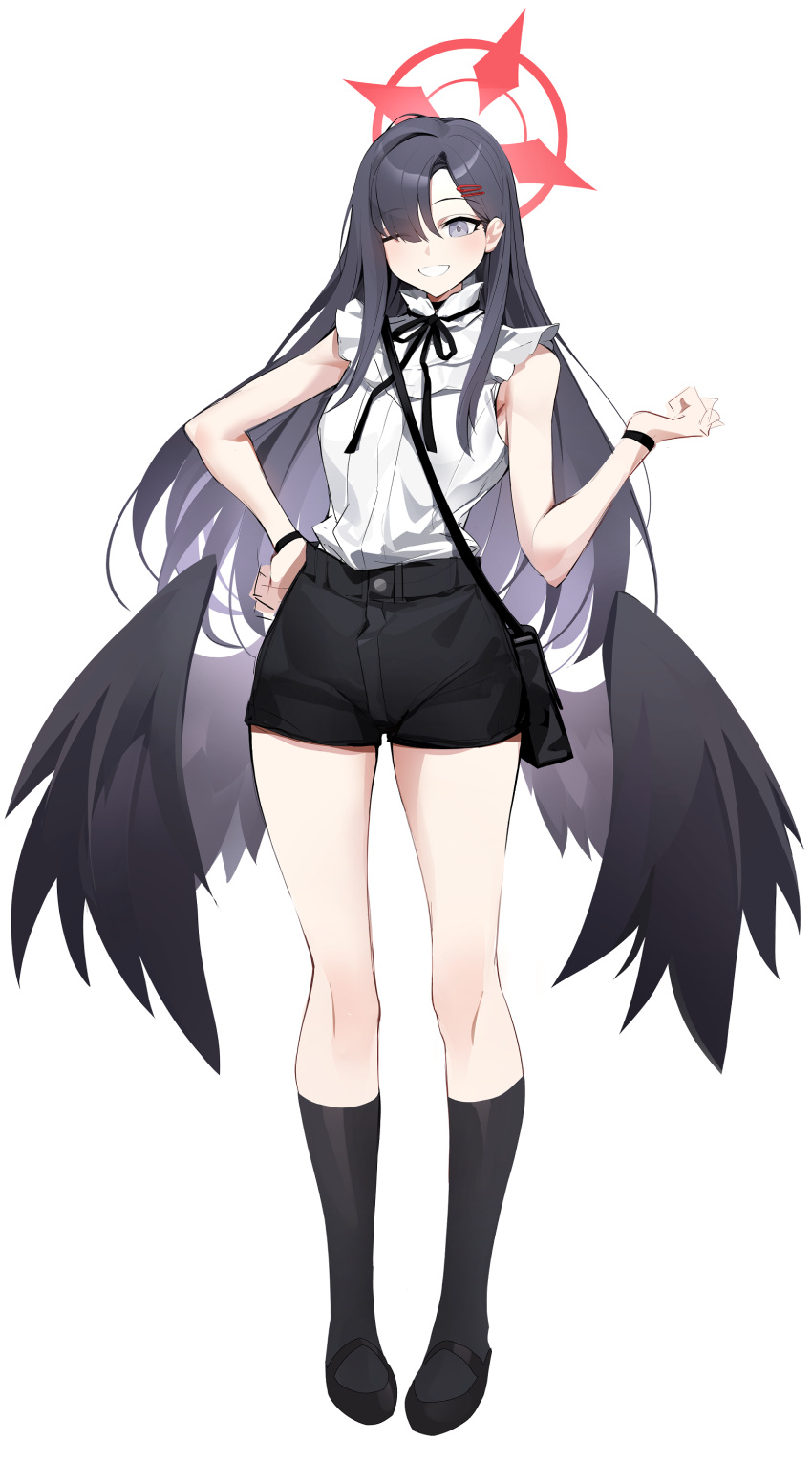 1girl absurdres bag black_footwear black_hair black_shorts black_socks black_wings blue_archive blush casul feathered_wings full_body grey_eyes halo highres ichika_(blue_archive) long_hair low_wings one_eye_closed open_mouth red_halo shirt shoes shorts shoulder_bag simple_background sleeveless sleeveless_shirt smile socks solo white_background white_shirt wings