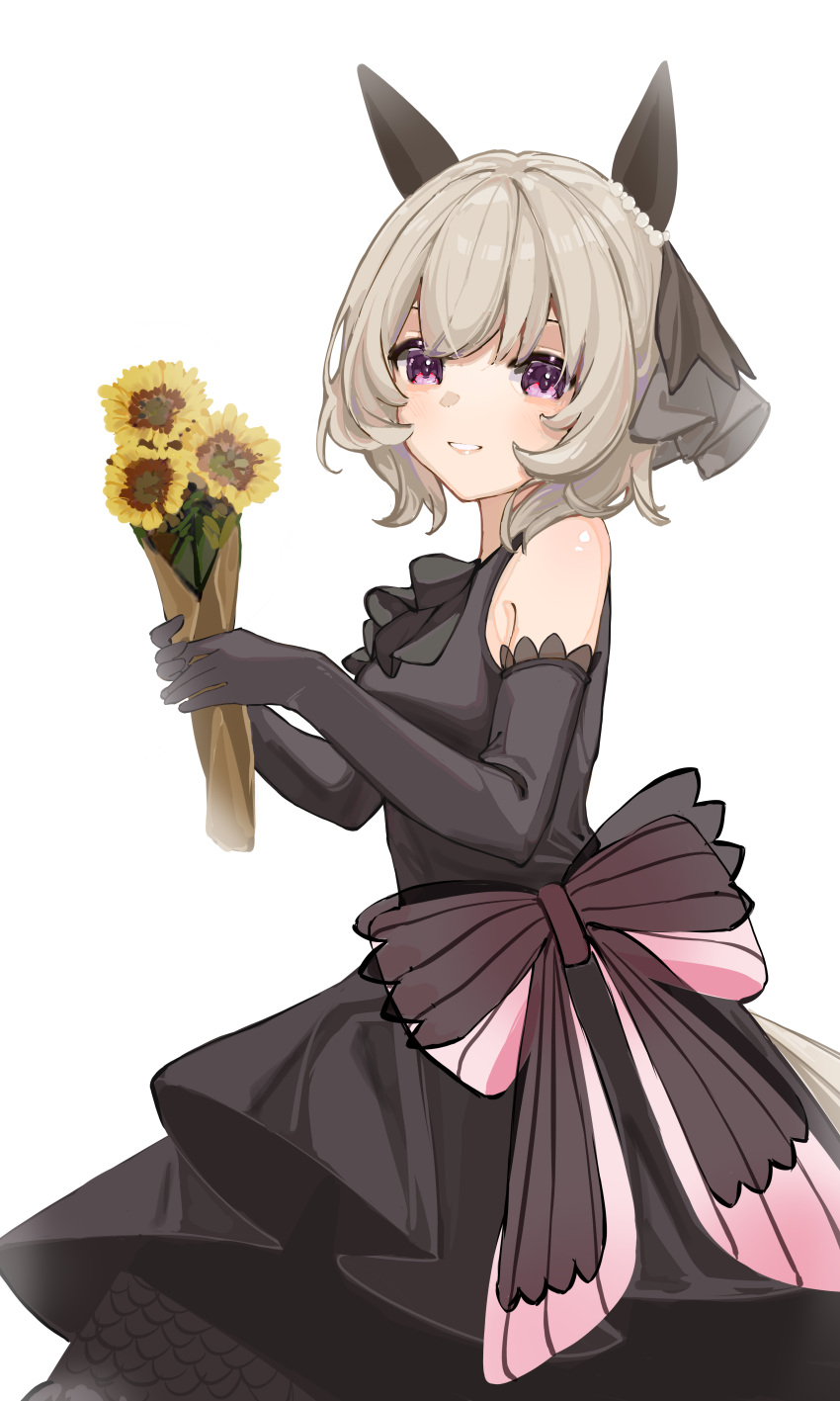 1girl absurdres animal_ears black_dress black_gloves bow breasts cowboy_shot curren_chan_(sakutsuki_ma_cherie)_(umamusume) curren_chan_(umamusume) dress dress_bow elbow_gloves flower gloves grey_hair hair_ornament highres holding holding_flower horse_ears horse_girl horse_tail light_blush looking_at_viewer looking_to_the_side open_mouth short_hair simple_background small_breasts smile solarisyuri! solo standing tail umamusume violet_eyes white_background