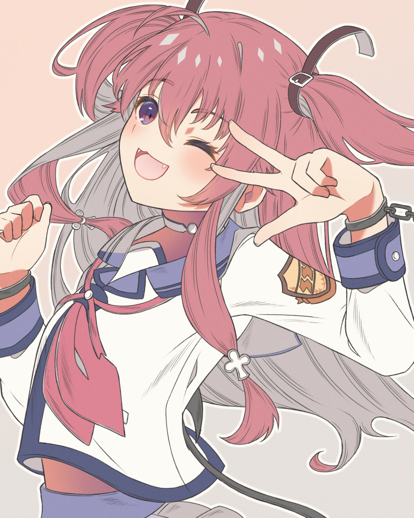 1girl :3 :d ahoge angel_beats! blue_sailor_collar blush commentary_request cuffs eyelashes fangs floating_hair gradient_background grey_background hair_between_eyes hand_up handcuffs hands_up happy highres long_hair long_sleeves looking_at_viewer neckerchief one_eye_closed open_mouth pink_background pink_hair pink_neckerchief sailor_collar shinda_sekai_sensen_uniform shirt sidelocks smile solo taku_hanamiyap twintails two_side_up upper_body v v_over_eye very_long_hair white_shirt yui_(angel_beats!)