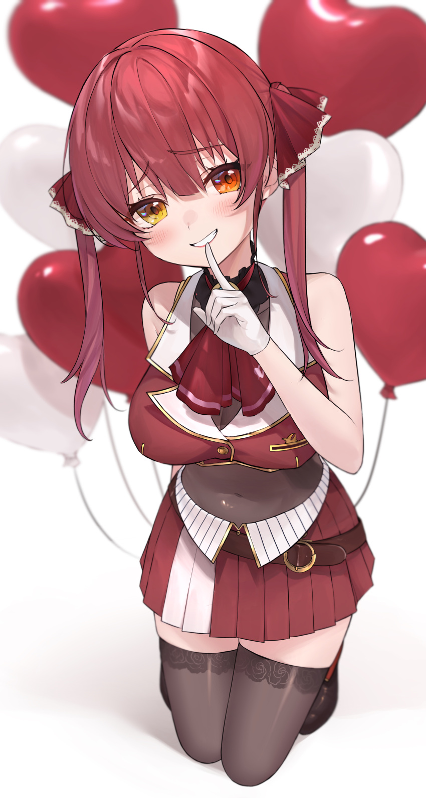 1girl absurdres balloon bega_(omuraisu_820) breasts finger_to_mouth hair_ribbon heart_balloon heterochromia highres hololive houshou_marine houshou_marine_(1st_costume) looking_at_viewer red_eyes redhead ribbon simple_background skirt sleeveless smile solo virtual_youtuber white_background yellow_eyes