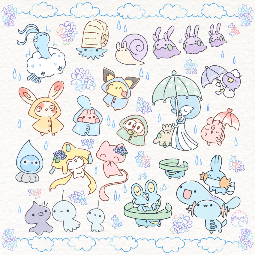 1girl :i @_@ ^_^ altaria alternate_color black_eyes blue_coat blue_flower blue_hair blue_skin blush_stickers bob_cut buttons castform castform_(rainy) chibi closed_eyes clothed_pokemon clouds coat colored_skin commentary_request covering_mouth drifloon ears_through_headwear everyone flat_chest flower froakie frog full_body gardevoir goomy green_coat hair_flower hair_ornament hair_over_one_eye hands_up happiny happy highres holding holding_umbrella hood hood_up hooded_coat igglybuff jirachi lotad mew_(pokemon) mudkip multicolored_skin notice_lines omanyte one_eye_covered open_mouth ototo_(otokameseimen) own_hands_together pichu pokemon pokemon_(creature) quagsire rain raincoat rowlet shiny_pokemon short_hair shroomish shuppet slime_(creature) smile snail solid_circle_eyes spinda standing teruterubouzu two-tone_skin u_u umbrella water_drop wavy_mouth wet white_skin wooper yellow_coat