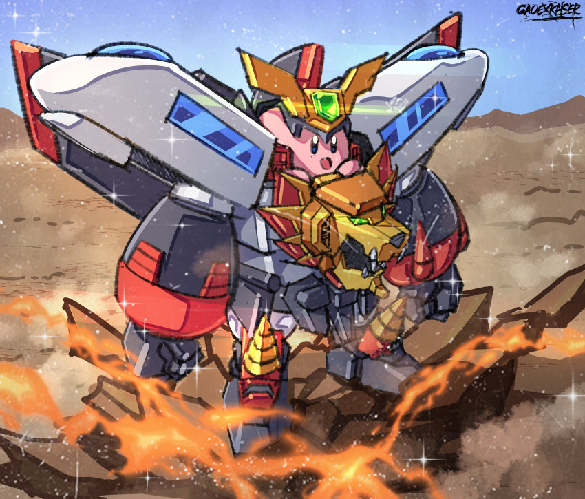 artist_name cosplay crossover drill fire gao_ex_kaiser gaogaigar gaogaigar_(cosplay) ground_shatter highres kirby kirby:_planet_robobot kirby_(series) looking_ahead mecha mechanical_wings open_mouth robot sky smile solo sparkle standing v-fin wings yuusha_ou_gaogaigar yuusha_series