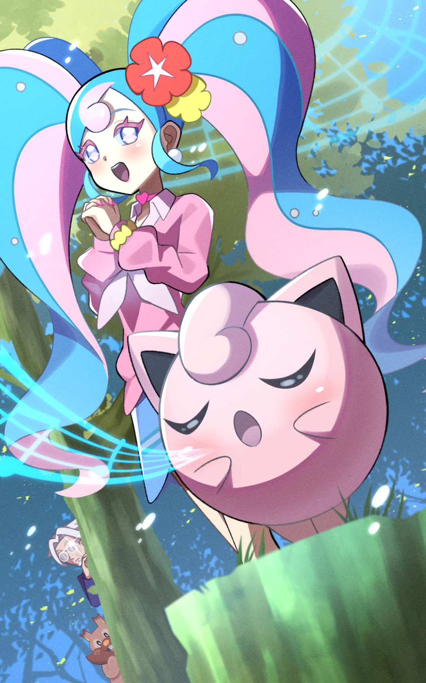 1boy 1girl :d blue_hair blue_skirt clavell_(pokemon) collared_shirt commentary_request crossover earrings eyelashes flower greedent hair_flower hair_ornament hatsune_miku highres inana_umi interlocked_fingers jewelry jigglypuff long_hair long_sleeves music open_mouth outdoors peeking_out pink_hair pink_sweater pokemon project_voltage red_flower shirt singing skirt smile staff_(music) sweater tree tree_stump twintails vocaloid