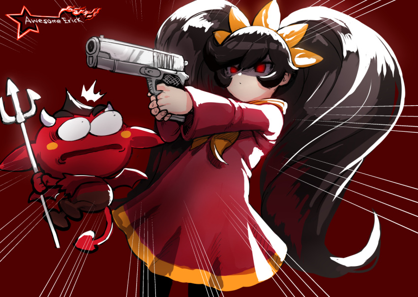 1girl artist_logo ashley_(warioware) awesomeerix big_hair black_hair black_pantyhose bow bowtie commentary cowboy_shot demon dress english_commentary gun hair_ornament handgun holding long_hair long_sleeves looking_to_the_side m1911 orange_bow orange_bowtie outstretched_arms pantyhose pointing_gun red_(warioware) red_background red_dress red_eyes shaded_face sidelocks swept_bangs twintails very_long_hair warioware weapon