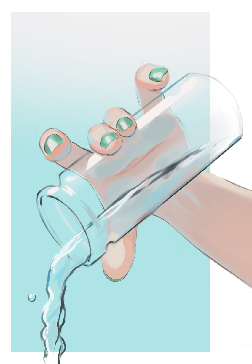 1girl absurdres bottle glass_bottle green_nails highres holding holding_bottle nail_polish potatomochii pouring solo water