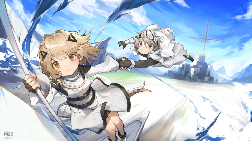 1boy 1girl alchemy_stars black_gloves blonde_hair boots building closed_mouth clouds cross dated day fingerless_gloves gloves grey_hair hair_ornament headband highres holding holding_hands light_brown_hair looking_at_viewer navigator_(alchemy_stars) orange_eyes outdoors short_hair signature sky tsukibara vice_(alchemy_stars)