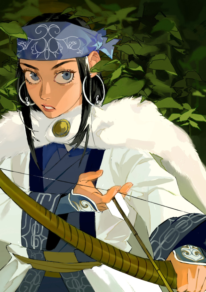 1girl ainu_clothes arrow_(projectile) asirpa belt black_hair blue_eyes bow_(weapon) bush cape commentary drawing_bow earrings fur_cape golden_kamuy highres holding holding_bow_(weapon) holding_weapon hoop_earrings jewelry kajibaji leaf looking_at_viewer parted_lips sidelocks solo symbol-only_commentary upper_body weapon