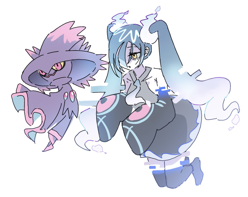 1girl bare_shoulders black_skirt black_sleeves black_thighhighs colored_sclera detached_legs detached_sleeves floating full_body ghost_miku_(project_voltage) glitch gradient_hair grey_shirt hat hatsune_miku highres long_hair mismagius multicolored_hair necktie pale_skin parted_lips pokemon pokemon_(creature) project_voltage red_eyes see-through see-through_skirt shirt simple_background skirt sleeves_past_fingers sleeves_past_wrists solo thigh-highs twintails very_long_hair vocaloid white_background white_hair white_necktie will-o'-the-wisp_(mythology) witch_hat yellow_eyes yellow_sclera yunayuispink