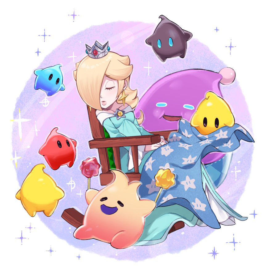 1girl 6+others absurdres blanket blonde_hair brooch chair closed_eyes crown earrings hair_over_one_eye highres jewelry light_blue_dress long_hair luma_(mario) multiple_others on_chair open_mouth rocking_chair rosalina sasaki_sakiko sitting sleeping star_(symbol) star_brooch star_earrings star_print super_mario_bros.