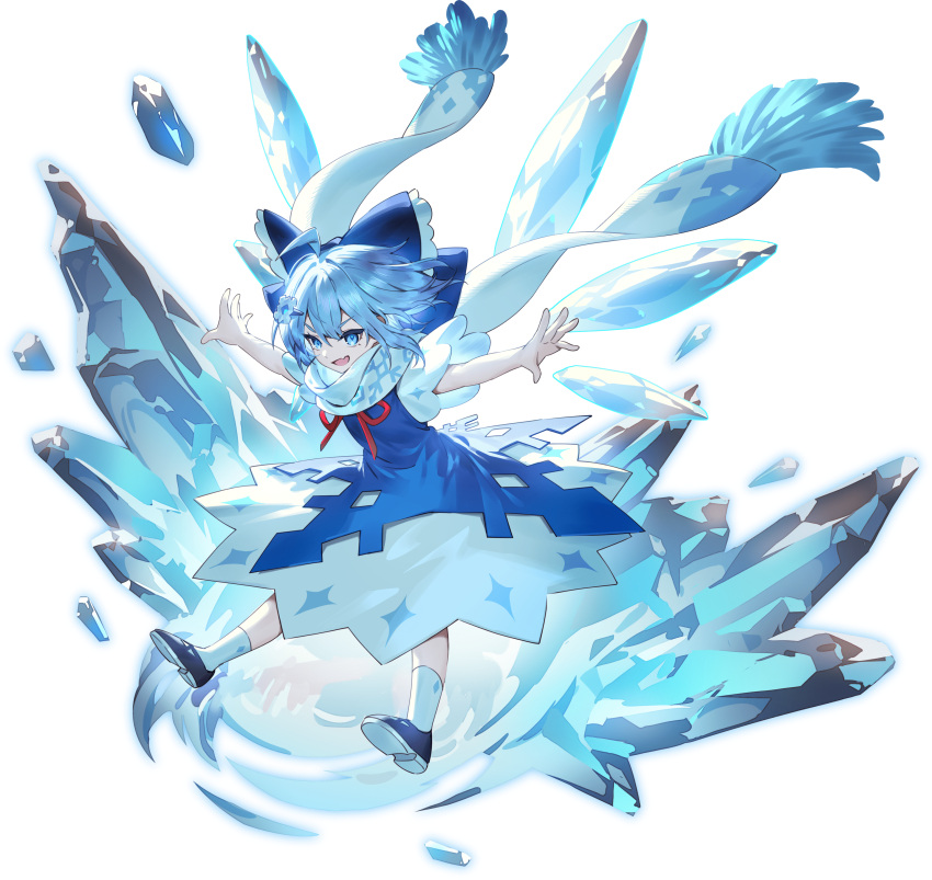 1girl absurdres black_footwear blue_bow blue_dress blue_eyes blue_hair bow cirno detached_wings dress fairy full_body hair_between_eyes hair_bow highres ice ice_wings open_mouth outstretched_arms scarf second-party_source shoes short_hair short_sleeves smile socks solo spread_arms touhou transparent_background u_u_zan white_scarf white_socks wings