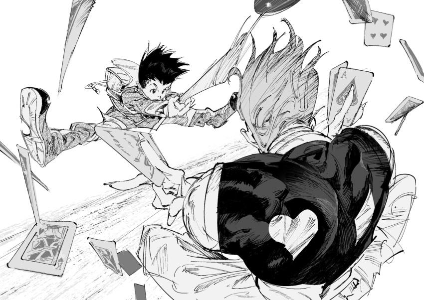 2boys atie1225 backpack bag black_hair card crossed_arms fighting from_behind gon_freecss heart highres hisoka_morow holding holding_card hunter_x_hunter jumping looking_at_another male_focus monochrome multiple_boys sketch split v white_background
