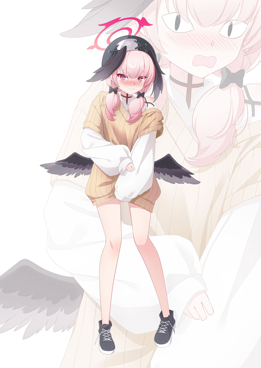 &lt;|&gt;_&lt;|&gt; 1girl absurdres black_ribbon black_wings blue_archive blush clothes_pull feathered_wings hair_ribbon halo head_wings highres koharu_(blue_archive) low_twintails pink_eyes pink_hair ribbed_shirt ribbon shira_jun shirt shirt_pull shirt_under_shirt shoes sleeves_past_wrists sneakers solo twintails wings
