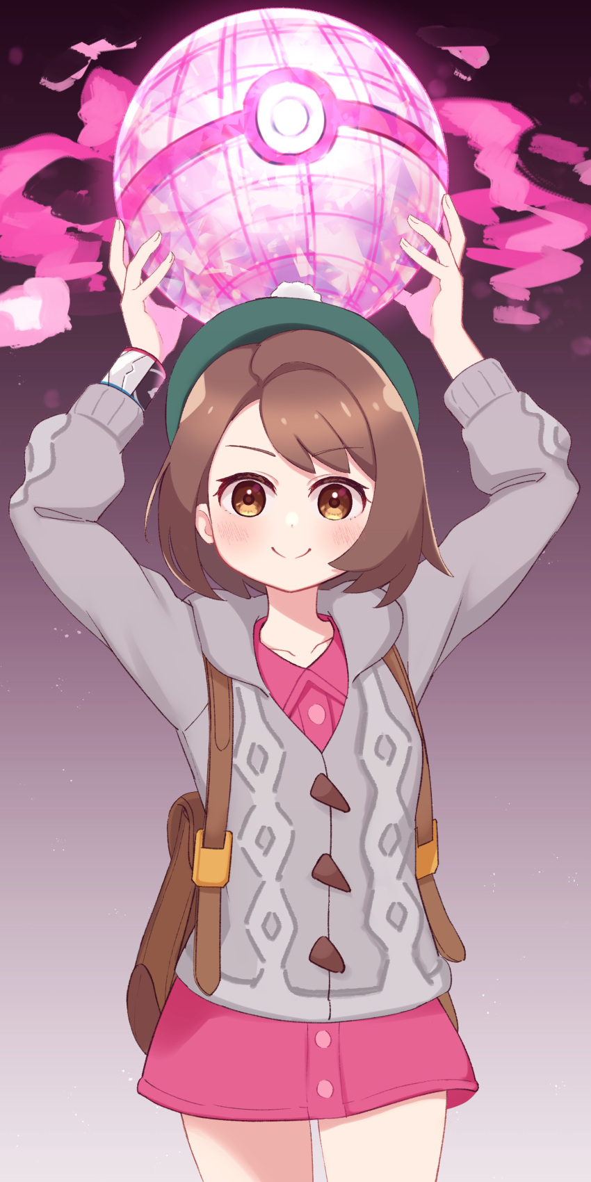 1girl absurdres arms_up backpack bag blush bob_cut brown_bag brown_eyes brown_hair buttons cable_knit cardigan closed_mouth collared_dress dress dynamax_ball gloria_(pokemon) green_headwear grey_cardigan hat highres holding hooded_cardigan looking_at_viewer pink_dress pokemon pokemon_(game) pokemon_swsh short_hair smile solo tam_o'_shanter terupu_(eule312)