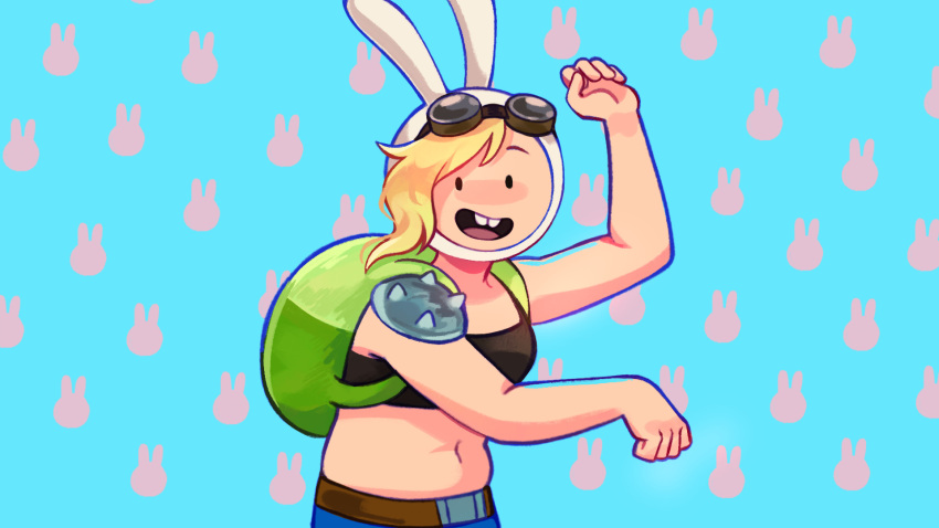 adventure_time:fionna_and_cake animal_ears backpack bag belt black_bra blonde_hair blue_shorts bra buck_teeth clenched_hands easy_breezy eizouken_ni_wa_te_wo_dasu_na! english_commentary fake_animal_ears fionna_the_human_girl goggles goggles_on_head green_bag highres looking_at_viewer midriff navel no_shirt open_mouth rabbit rabbit_ears round_eyewear shorts simple_background single_shoulder_pad standing teeth underwear winnie62123994