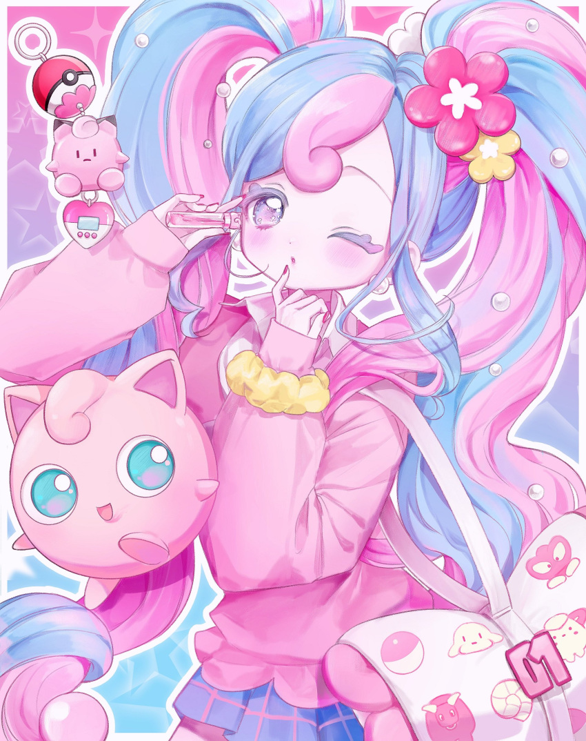 1girl :d absurdres applying_makeup blue_eyes blue_hair blue_skirt blush clefairy clefairy_sprite_(pokemon) collared_shirt commentary fairy_miku_(project_voltage) finger_to_mouth flower hair_flower hair_ornament hands_up hatsune_miku highres holding jigglypuff lipgloss long_hair long_sleeves looking_at_another looking_at_viewer mipi_(u3u_00) multicolored_hair nail_polish one_eye_closed open_mouth pink_hair pink_sweater plaid plaid_skirt pleated_skirt poke_ball pokemon pokemon_(creature) pokewalker project_voltage red_flower red_nails scrunchie shirt skirt smile sparkle sweater symbol-only_commentary twintails two-tone_hair very_long_hair vocaloid yellow_flower