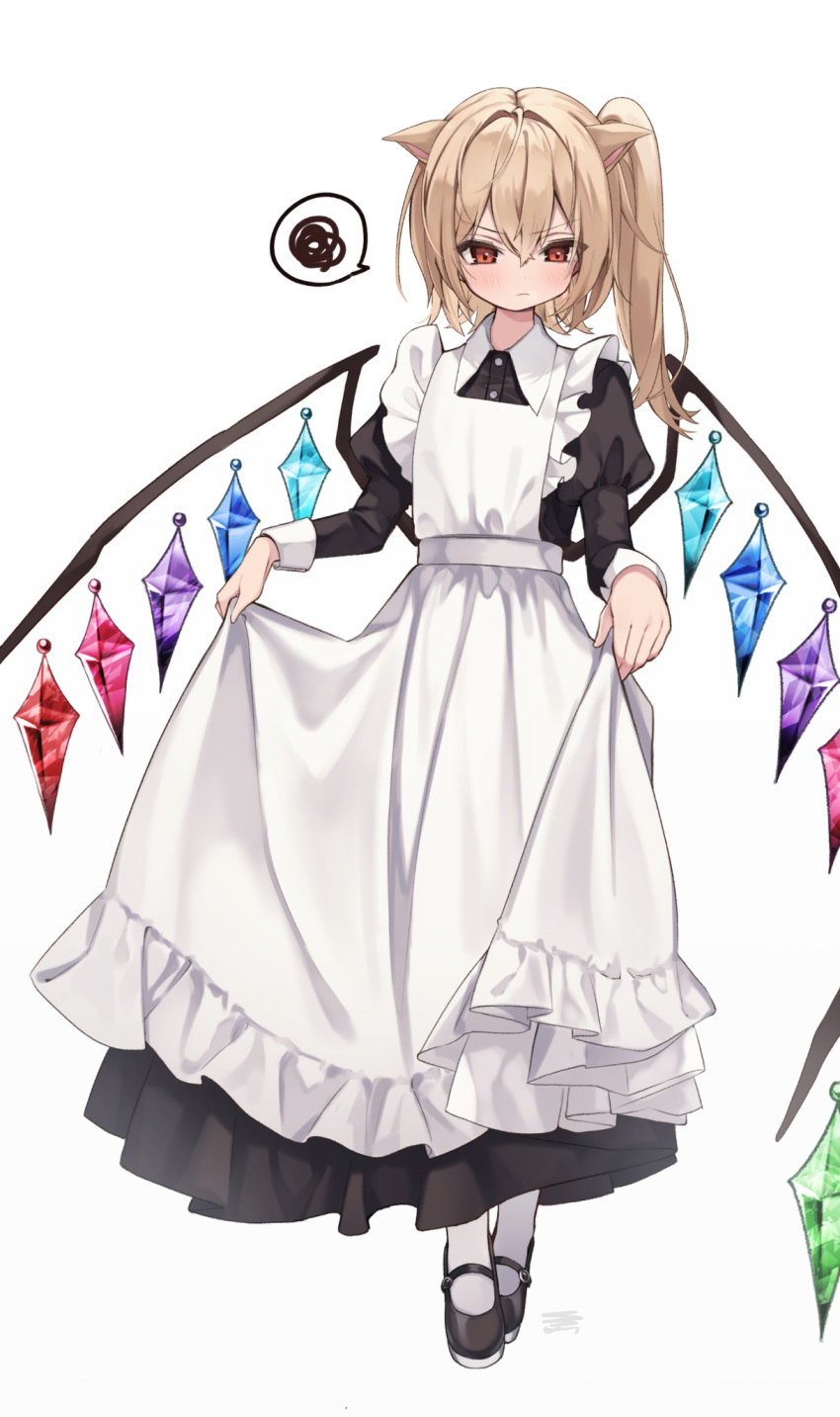 1girl alternate_costume animal_ears apron black_dress black_footwear blonde_hair blush cat_ears closed_mouth crystal dress enmaided flandre_scarlet full_body hair_between_eyes highres juliet_sleeves long_dress long_hair long_sleeves maid one_side_up puffy_sleeves red_eyes shoes signature simple_background socks solo touhou white_apron white_background white_socks wings yuineko