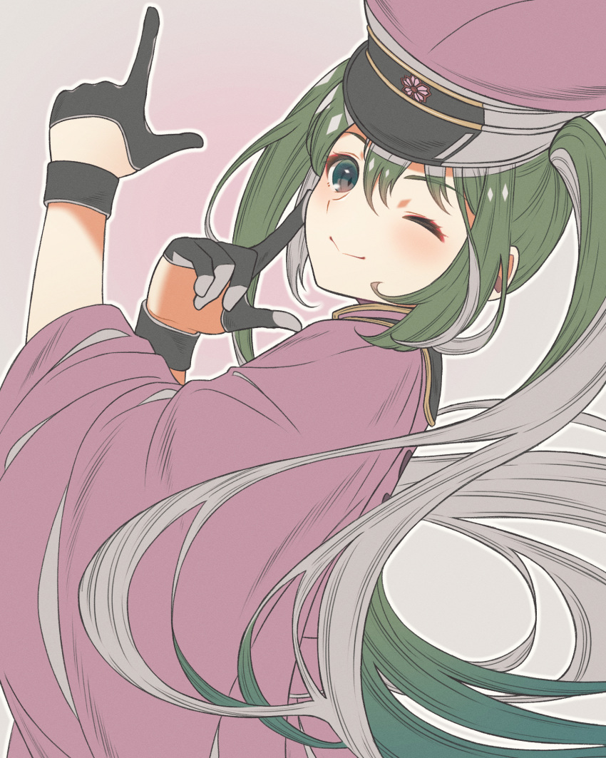 1girl black_gloves blush closed_mouth commentary_request eyelashes finger_to_cheek floating_hair from_side gloves gradient_background green_eyes green_hair grey_background hair_between_eyes hands_up hat hatsune_miku highres index_fingers_raised japanese_clothes kimono long_hair long_sleeves looking_at_viewer one_eye_closed peaked_cap pink_background purple_headwear purple_kimono senbonzakura_(vocaloid) simple_background smile solo taku_hanamiyap twintails very_long_hair vocaloid wide_sleeves