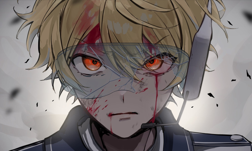 1boy blonde_hair blood blood_on_face closed_mouth goggles headset highres looking_at_viewer male_focus orange_eyes portrait project_sekai rubble serious solo tenma_tsukasa usamori v-shaped_eyebrows
