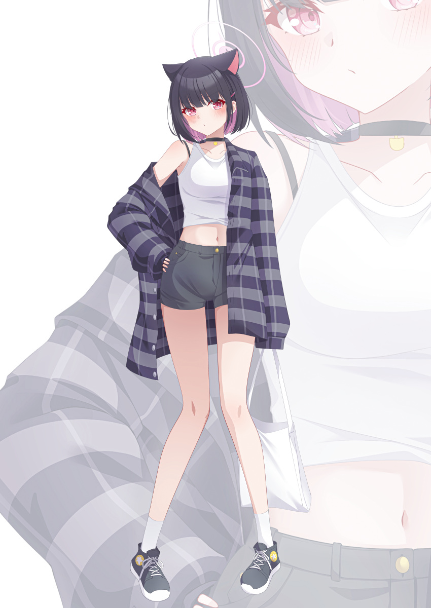1girl absurdres animal_ears black_choker black_hair blue_archive breasts cat_ears choker halo hand_on_own_hip highres kazusa_(blue_archive) looking_at_viewer midriff navel plaid plaid_shirt shira_jun shirt shoes short_hair shorts small_breasts sneakers solo tank_top violet_eyes white_background