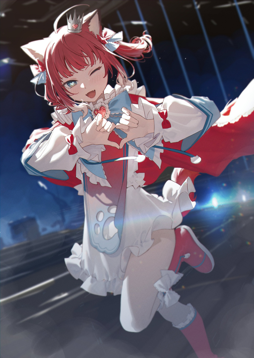 1girl absurdres ahoge akami_karubi animal_ear_fluff animal_ears blue_eyes boots cat_ears crown dancing fangs frills hair_ribbon heart heart_hands heart_in_eye highres indie_virtual_youtuber looking_at_viewer medium_hair mini_crown multicolored_hair one_eye_closed open_mouth redhead ribbon smile solo stage symbol_in_eye tail twintails unti_no_azi virtual_youtuber