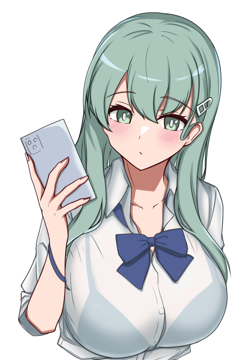 1girl aqua_hair blue_bow blue_bowtie bow bowtie breasts cellphone collared_shirt dress_shirt green_eyes hair_ornament hairclip highres holding holding_phone kantai_collection large_breasts long_hair phone school_uniform shirt simple_background smartphone solo suzuya_(kancolle) tokiwa_senkei upper_body white_background white_shirt