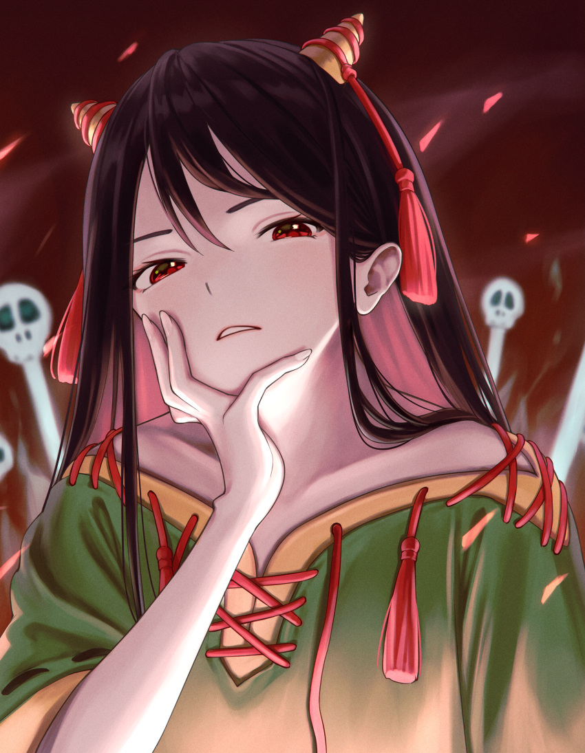 1girl absurdres black_hair collarbone fire green_shirt hair_ornament hand_on_own_chin highres horns long_hair looking_at_viewer nippaku_zanmu oni oni_horns red_eyes shirt skull solo straight_hair torinari_(dtvisu) touhou unfinished_dream_of_all_living_ghost yellow_horns