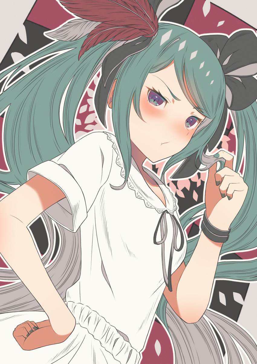 1girl :t absurdres black_bow black_ribbon blush bow breasts closed_mouth collar commentary_request dutch_angle eyelashes feather_hair_ornament feathers frilled_collar frills green_eyes green_hair green_nails hair_bow hair_ornament hair_ribbon hand_on_own_hip hand_up hatsune_miku highres long_hair looking_at_viewer nail_polish neck_ribbon parted_bangs playing_with_own_hair pout ribbon shirt short_sleeves skirt slit_pupils small_breasts solo taku_hanamiyap twintails upper_body v-shaped_eyebrows very_long_hair vocaloid white_shirt white_skirt world_is_mine_(vocaloid)