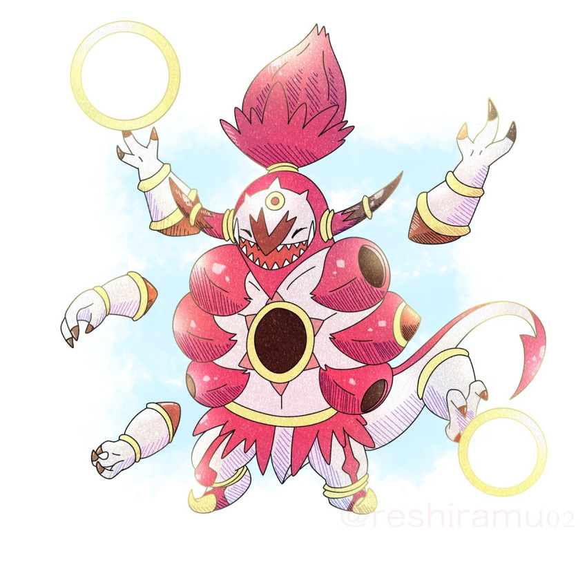 closed_eyes fingernails highres hoop hoopa hoopa_(unbound) horns monster no_humans open_mouth pink_hair pointy_footwear pokemon pokemon_(creature) reshiramu sharp_fingernails sharp_teeth solo tail teeth topknot white_background