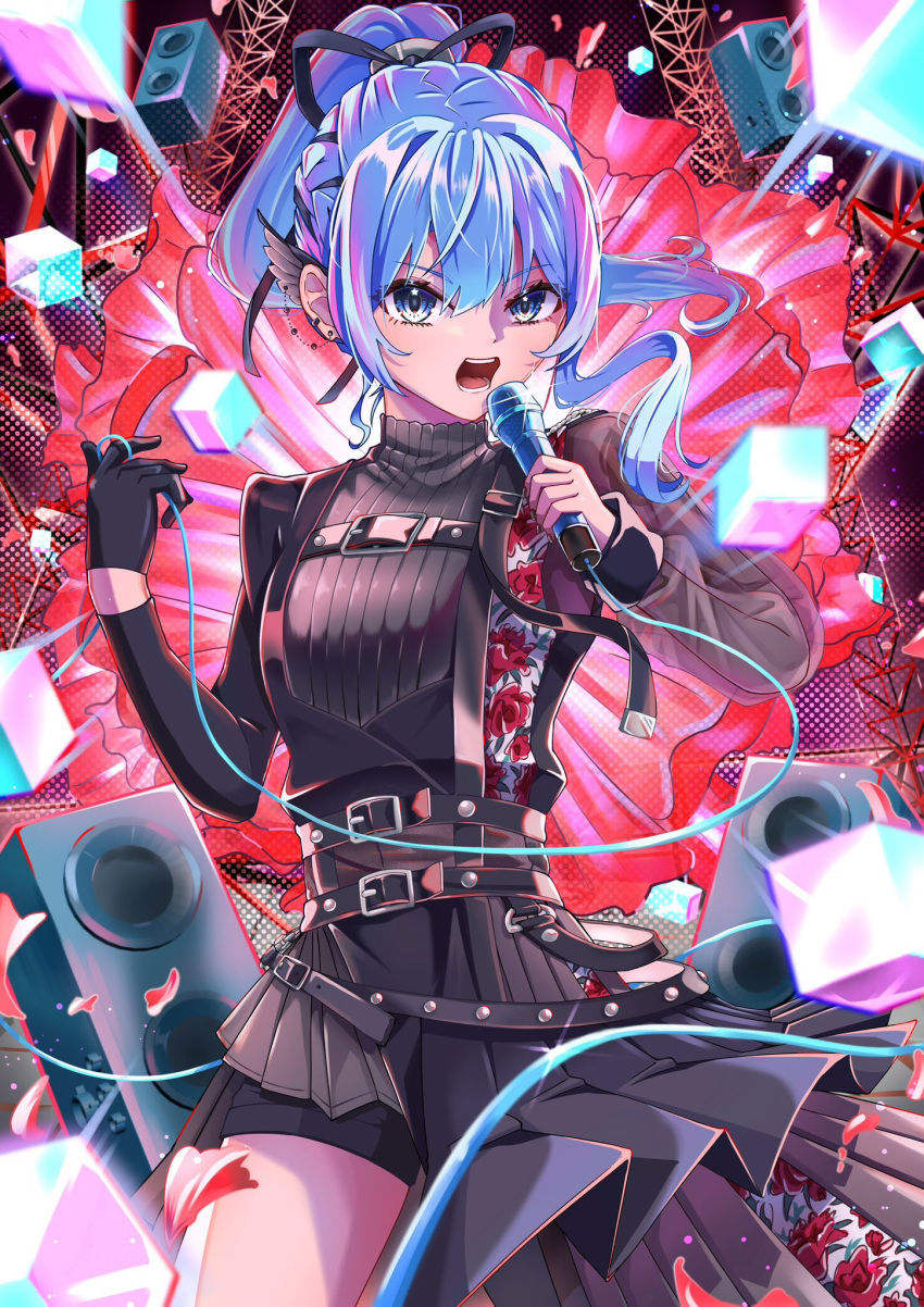 1girl amplifier belt black_belt black_gloves black_skirt blue_eyes blue_hair floral_print flower glint gloves high_ponytail highres hiiragi_melt holding holding_microphone hololive hoshimachi_suisei hoshimachi_suisei_(shout_in_crisis) looking_at_viewer microphone open_mouth red_flower rose_print short_shorts shorts single_glove skirt solo star_(symbol) star_in_eye symbol_in_eye virtual_youtuber wing_hair_ornament wire