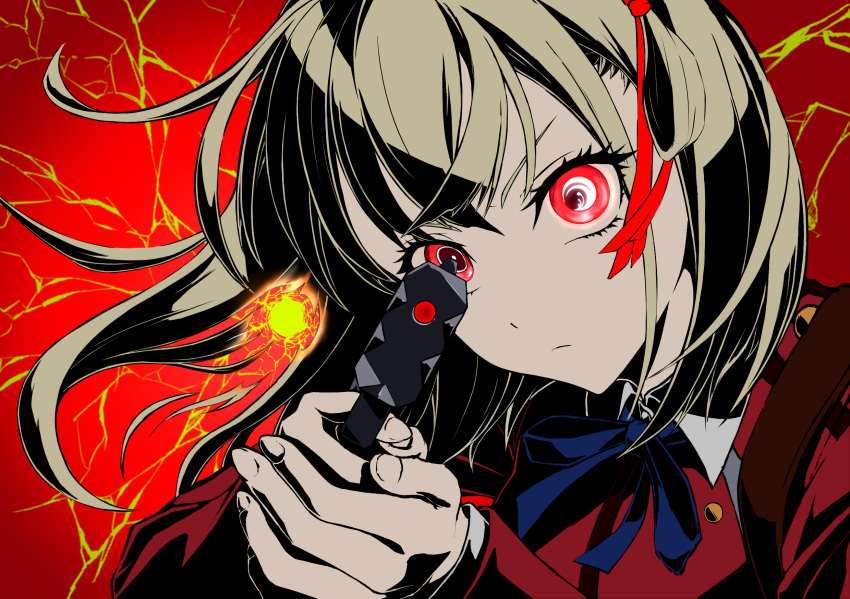 1girl aiming aiming_at_viewer blonde_hair blue_ribbon center_axis_relock_stance closed_mouth collared_shirt energy finger_on_trigger floating_hair glowing glowing_eye gun head_tilt high_contrast highres holding holding_gun holding_weapon hole_in_hair jacket long_sleeves looking_at_viewer lycoris_recoil lycoris_uniform near_miss nishikigi_chisato portrait red_background red_eyes red_jacket ribbon sayu_mypace serious shirt short_hair solo weapon white_shirt