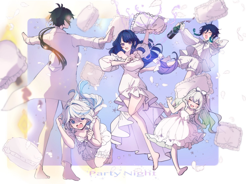 2boys 3girls ahoge alcohol alternate_costume alternate_hairstyle antenna_hair arm_up arms_up back bare_shoulders barefoot black_hair blue_background blue_eyes blue_hair blush border bottle bow bowtie braid breasts buttons closed_eyes collarbone commentary_request dark_blue_hair dress drop-shaped_pupils drunk earrings english_text feathers flying frills full_body furina_(genshin_impact) genshin_impact gradient_background gradient_hair grey_hair hair_bow hand_up hands_up happy hetero holding holding_bottle holding_pillow jacket jewelry jumping large_breasts leg_up long_hair long_sleeves looking_at_another low-tied_long_hair mismatched_pupils multicolored_background multicolored_hair multiple_boys multiple_girls nahida_(genshin_impact) naruka_(ynarukay) navel no_headwear open_mouth orange_hair outside_border pajamas pants pillow pointy_ears ponytail puffy_long_sleeves puffy_short_sleeves puffy_sleeves purple_background purple_hair raiden_shogun running scared shaded_face shirt short_sleeves shorts sidelocks simple_background single_earring sleeveless sleeveless_dress smile standing star_(symbol) symbol-shaped_pupils tank_top tearing_up tongue twin_braids two-tone_hair v-shaped_eyebrows venti_(genshin_impact) violet_eyes white_border white_bow white_bowtie white_dress white_hair white_jacket white_pajamas white_pants white_shirt white_shorts white_tank_top wine wine_bottle zhongli_(genshin_impact)