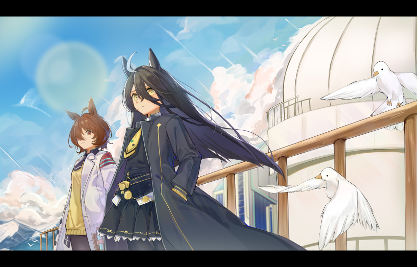 2girls absurdres agnes_tachyon_(umamusume) ahoge animal_ears bird black_coat black_necktie black_shirt black_skirt black_thighhighs brown_eyes brown_hair building chinese_commentary closed_mouth clouds coat collared_shirt commentary_request cowboy_shot day hair_between_eyes hands_in_pockets highres horse_ears lab_coat lens_flare letterboxed long_hair long_sleeves looking_at_viewer manhattan_cafe_(umamusume) mountain multicolored_hair multiple_girls necktie open_clothes open_coat outdoors shirt short_hair short_necktie skirt solarisyuri! standing streaked_hair sweater test_tube thigh-highs umamusume yellow_eyes yellow_necktie yellow_sweater
