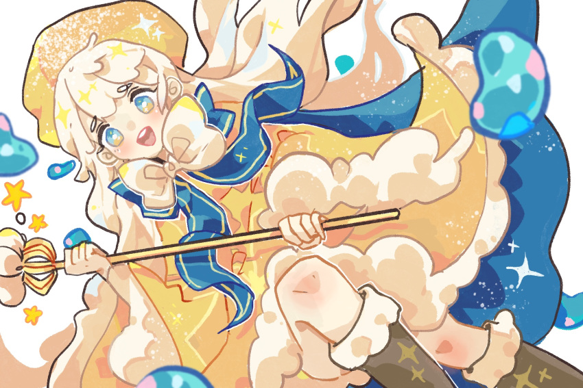 1girl :d blue_eyes blue_ribbon boots bow coat cookie_run cream_puff_cookie gradient_eyes highres holding holding_scepter knee_boots long_hair looking_at_viewer multicolored_eyes ribbon scepter smallsalmon smile solo star_(symbol) water_drop white_bow yellow_coat yellow_eyes yellow_headwear